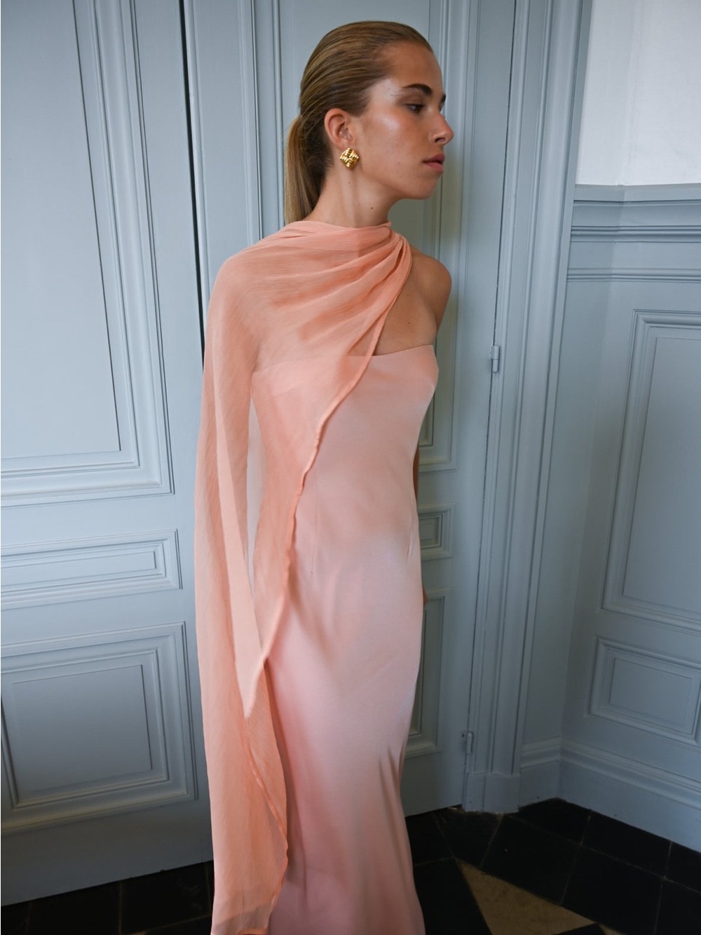 Strapless Peach Evening Gown with Draped Scarf - Picture 2 of 4